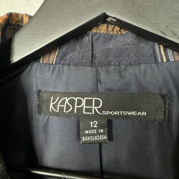 Kasper Blazer Size 12 Plaid Short Brown Blue Jacket Double Button Sportswear - Picture 3 of 9